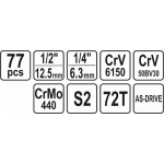 Galvučių ir raktų komplektas 1/4"+1/2" 77 vnt.