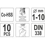 Grąžtai metalui COBALT-HSS 10 vnt., 1-10 mm