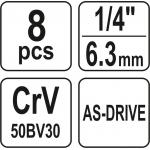 Ilgų galvučių komplektas 1/4", YATO, 8 vnt